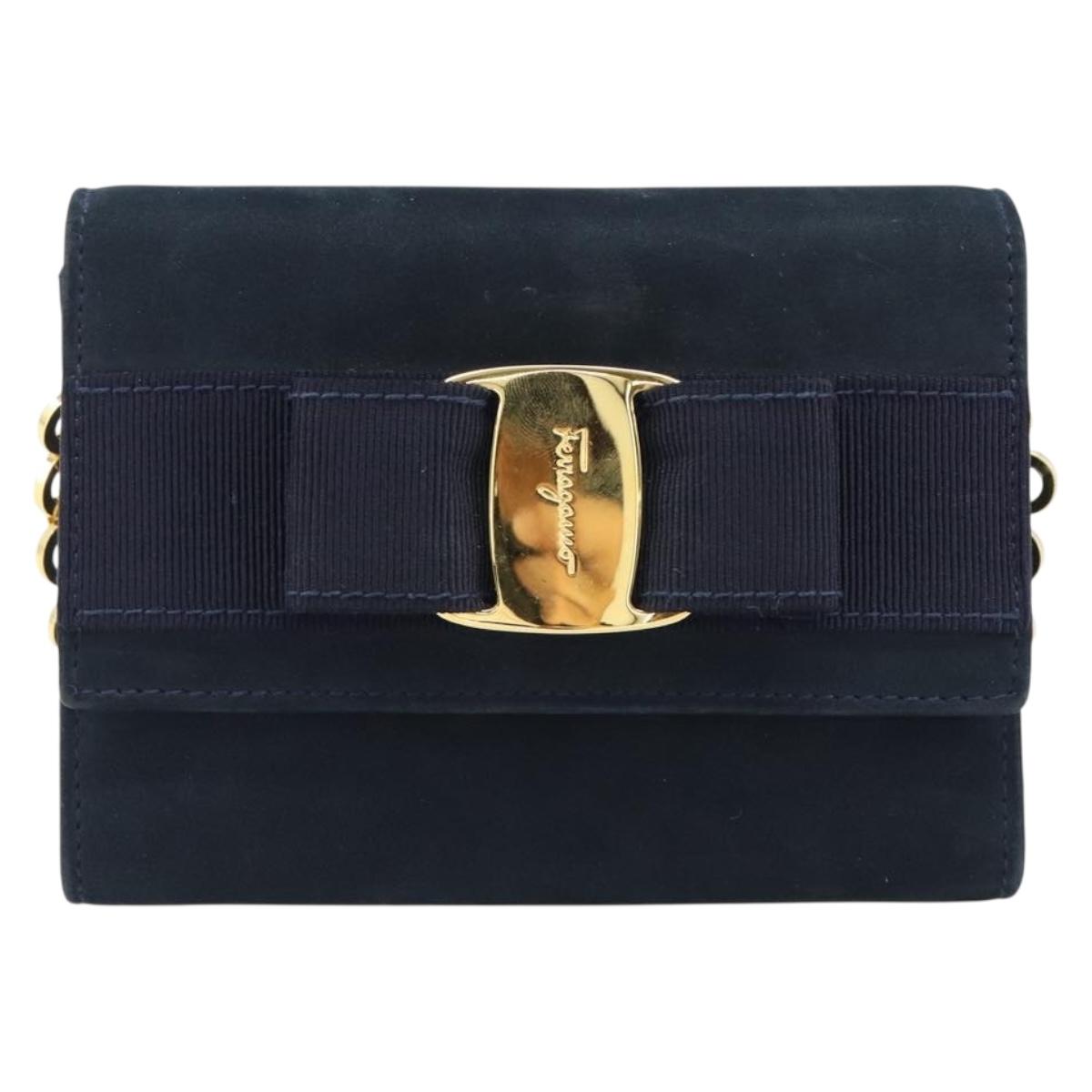 Salvatore Ferragamo Vala Ribbon Chain Shoulder Bag Suede Navy Gold Auth BA15397