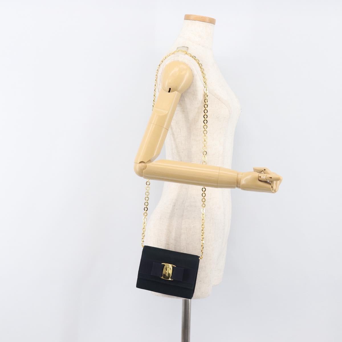 Salvatore Ferragamo Vala Ribbon Chain Shoulder Bag Suede Navy Gold Auth BA15397