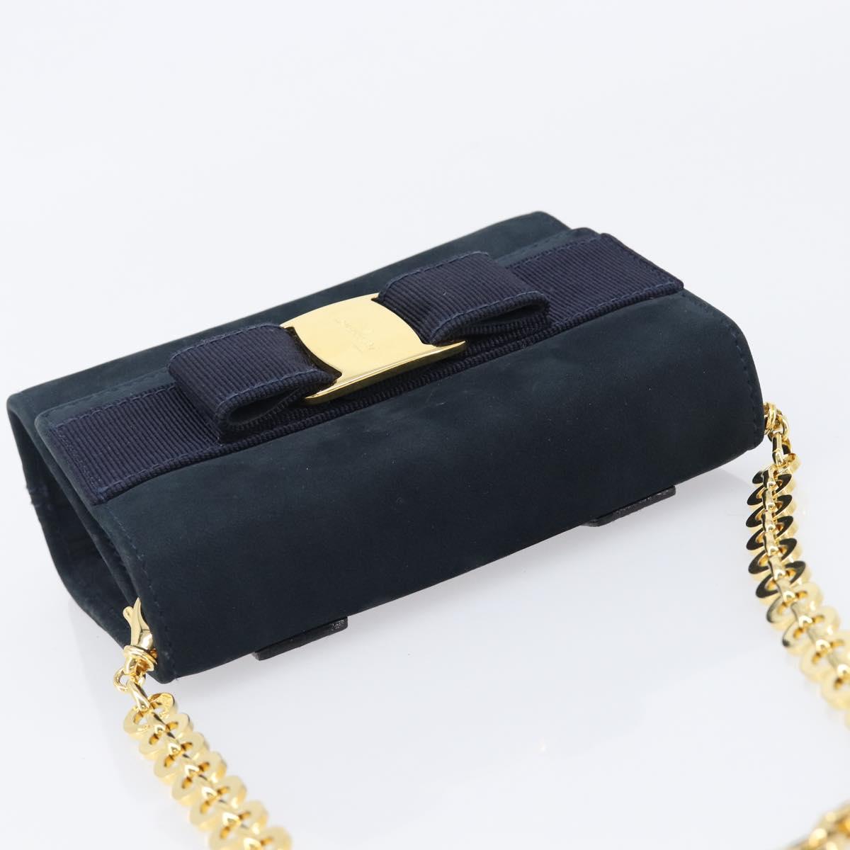 Salvatore Ferragamo Vala Ribbon Chain Shoulder Bag Suede Navy Gold Auth BA15397