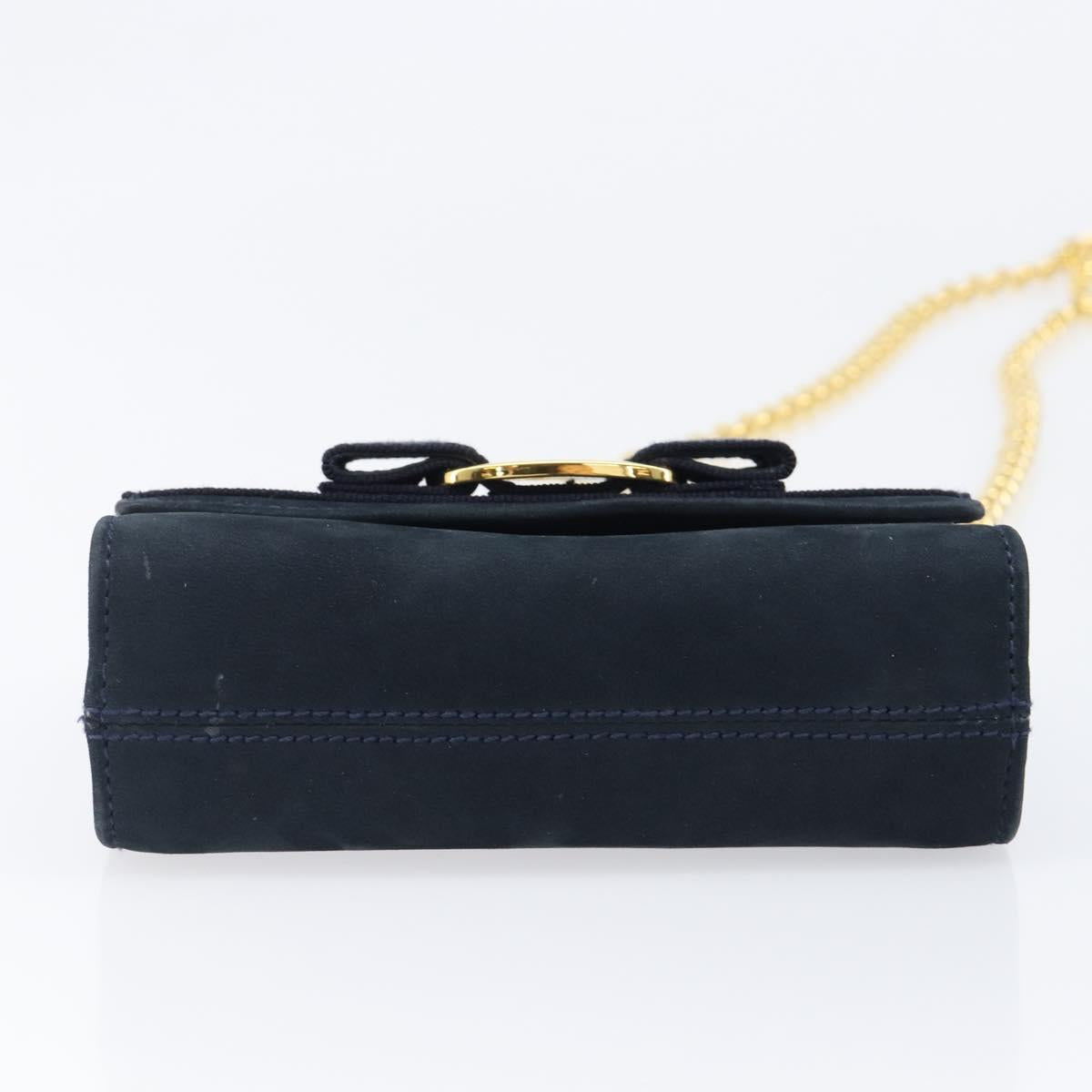 Salvatore Ferragamo Vala Ribbon Chain Shoulder Bag Suede Navy Gold Auth BA15397