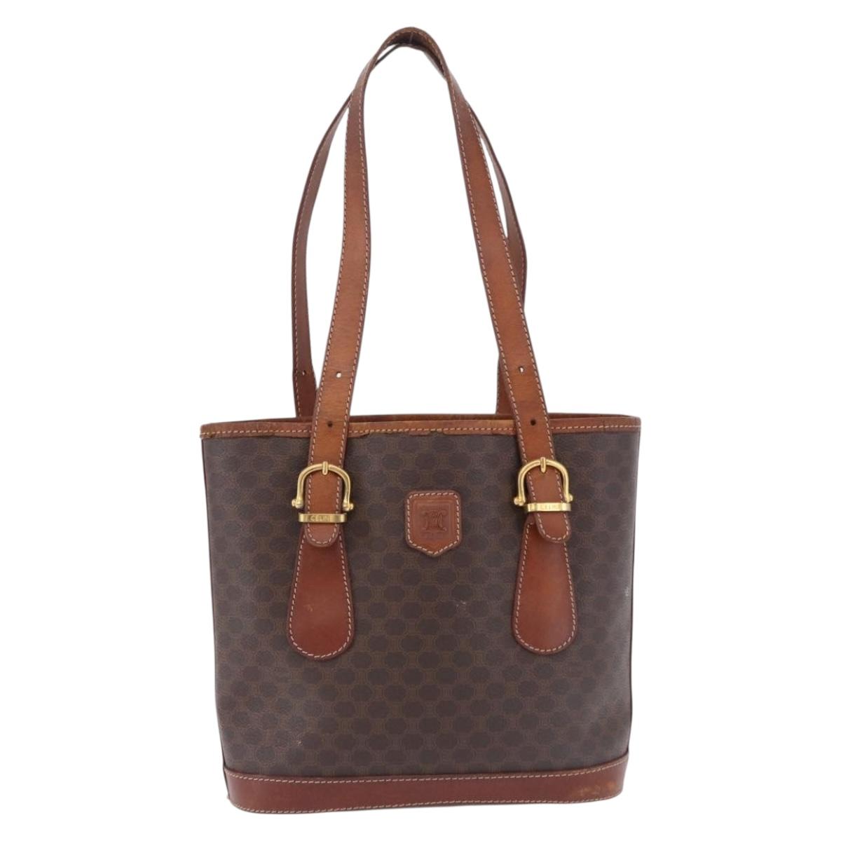 CELINE Macadam Tote Bag PVC Leather Brown Gold Tone Auth BA15400