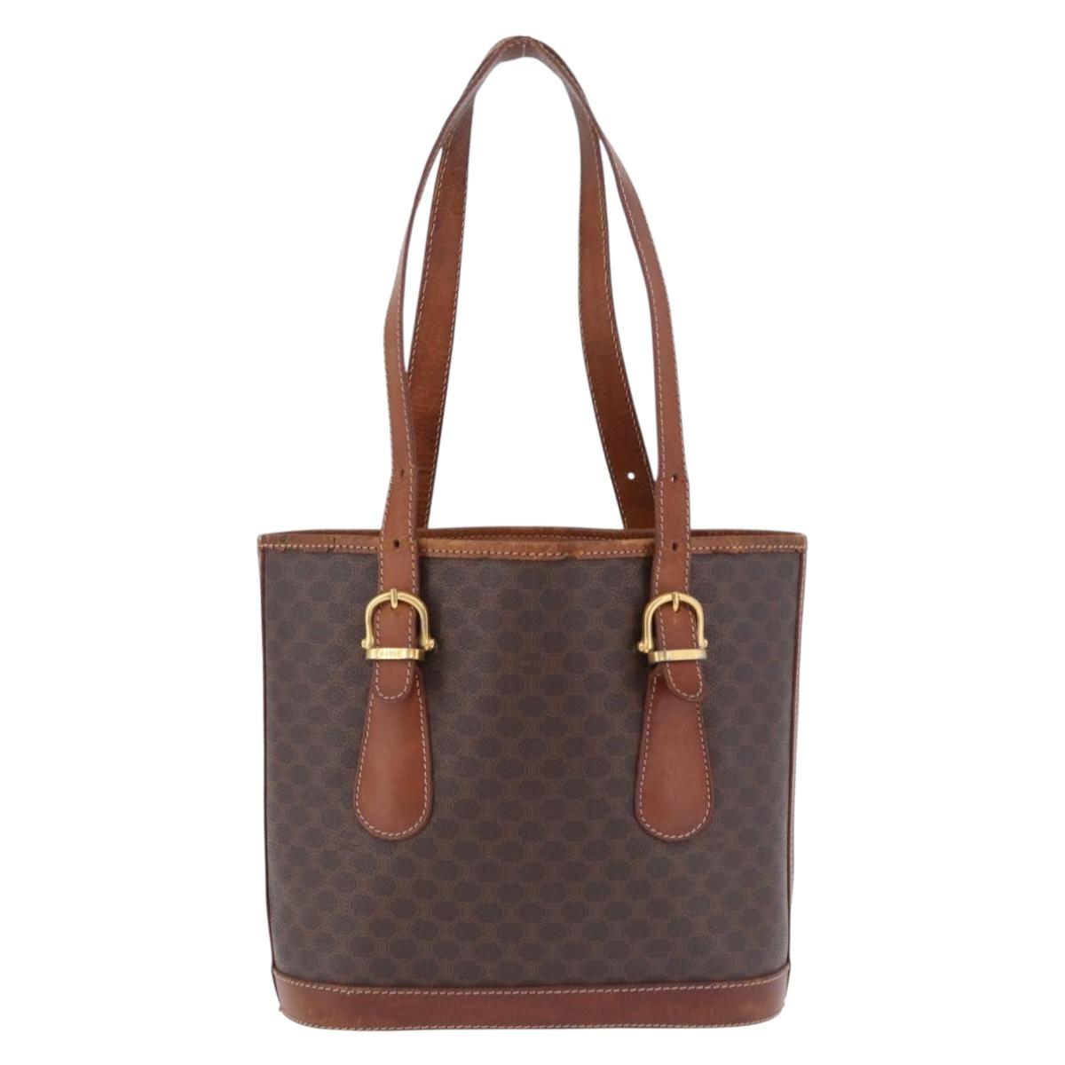 CELINE Macadam Tote Bag PVC Leather Brown Gold Tone Auth BA15400