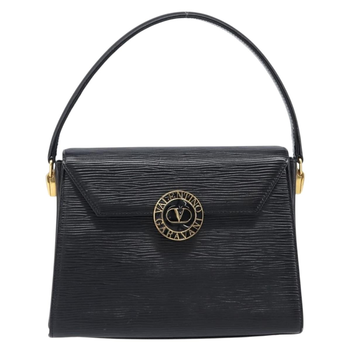 VALENTINO Hand Bag Leather 2way Black Gold Tone Auth BA15401A