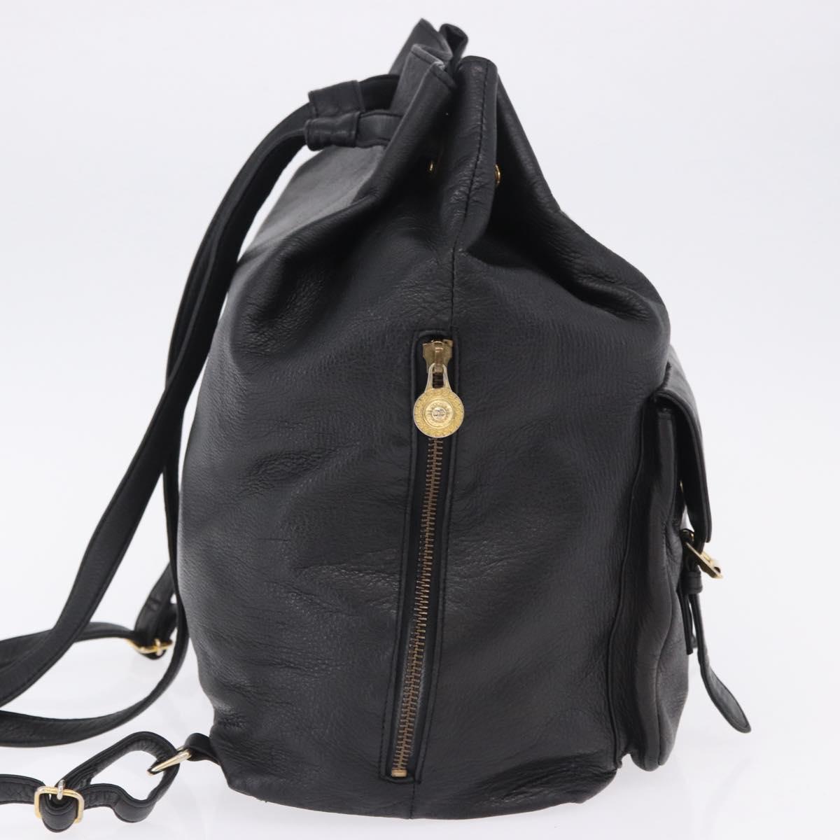 Gianni Versace Backpack Leather Black Gold Tone Auth BA15406