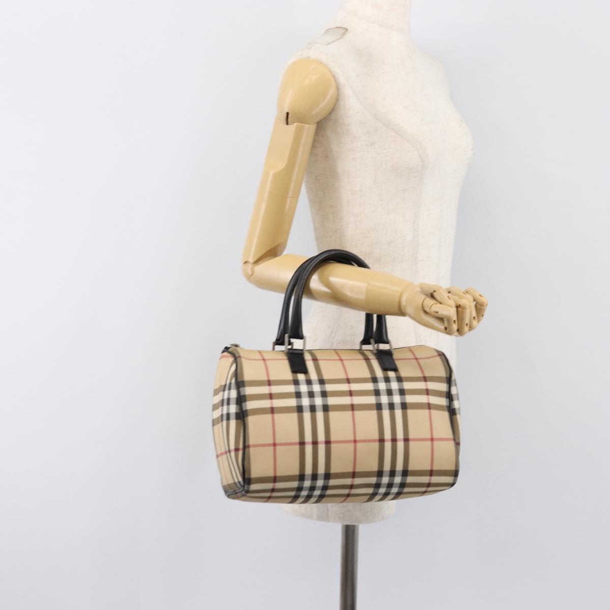 BURBERRY Nova Check Hand Bag PVC Leather Beige Silver Auth BA15411