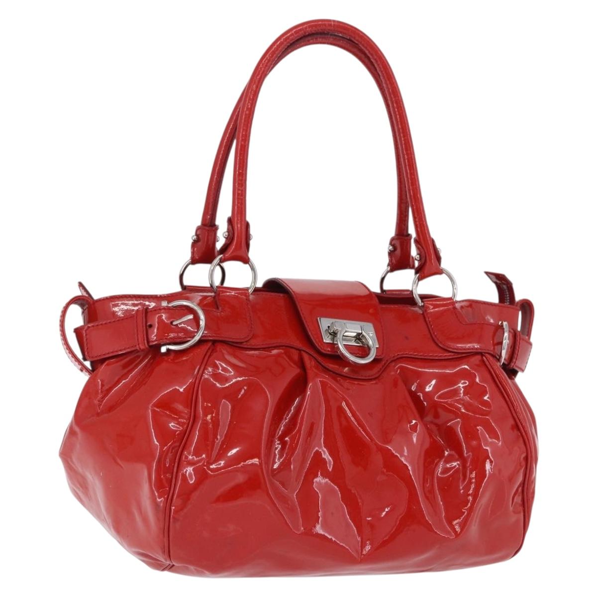 Salvatore Ferragamo Gancini Hand Bag patent Red Silver Auth BA15486