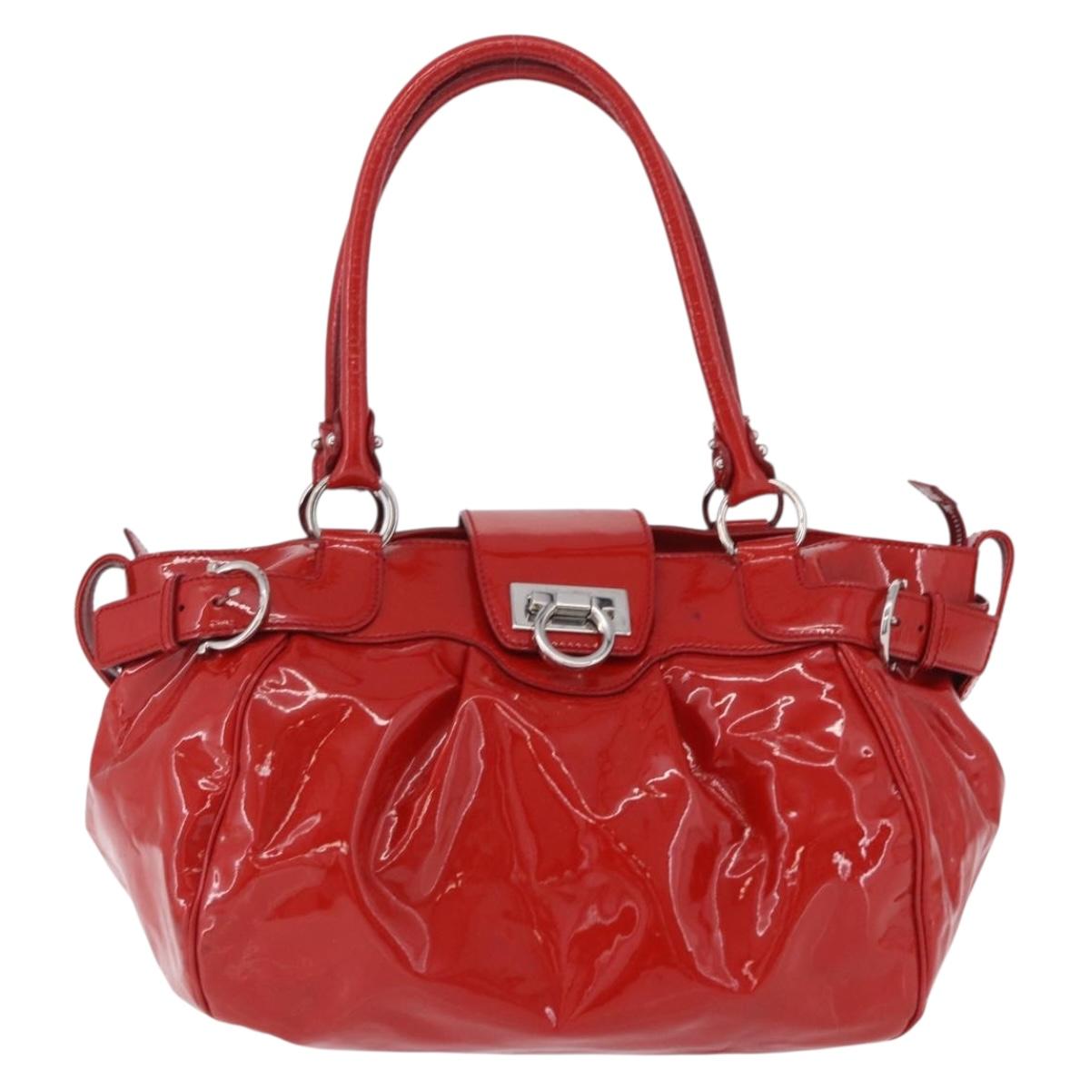 Salvatore Ferragamo Gancini Hand Bag patent Red Silver Auth BA15486