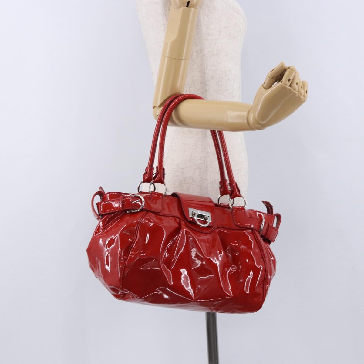 Salvatore Ferragamo Gancini Hand Bag patent Red Silver Auth BA15486