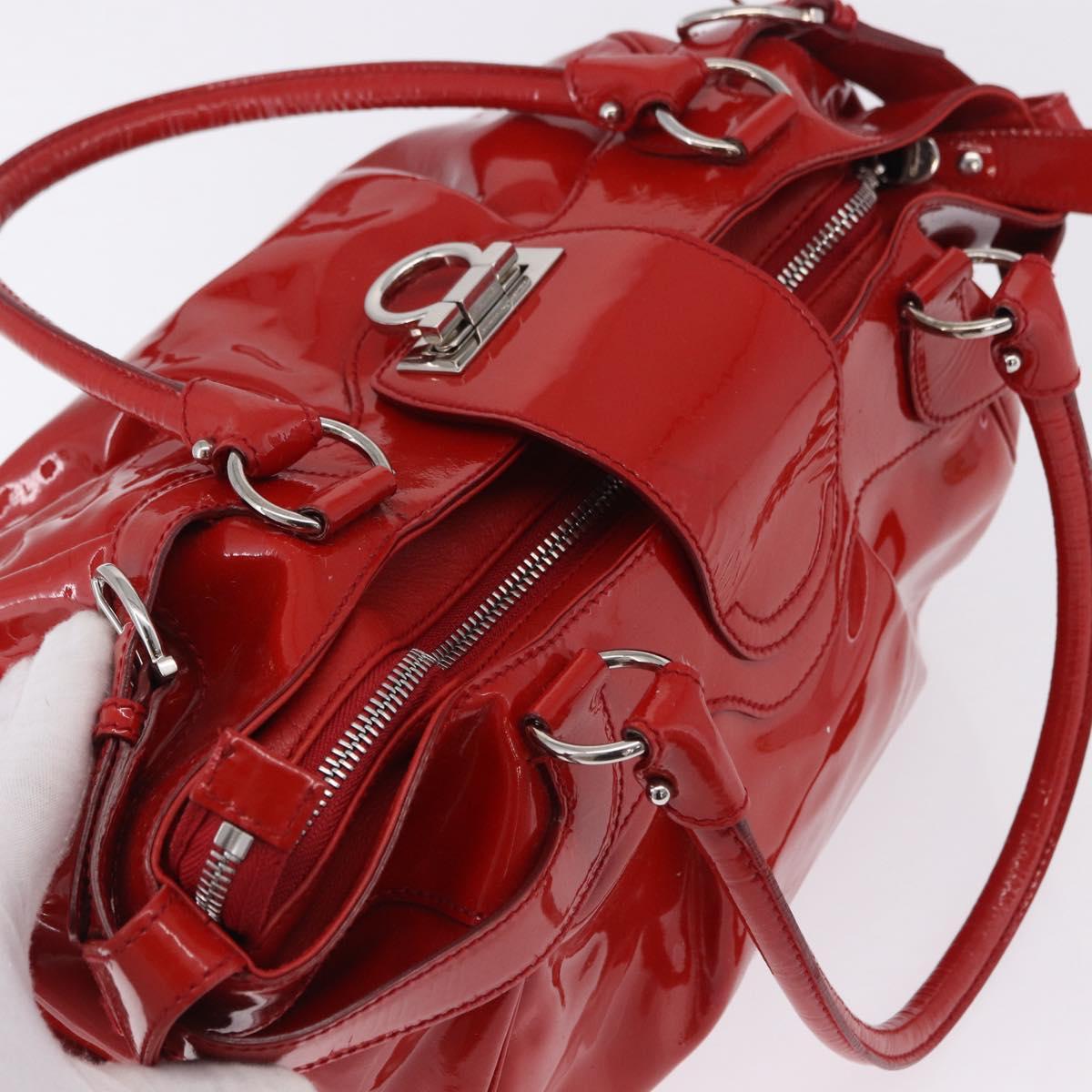 Salvatore Ferragamo Gancini Hand Bag patent Red Silver Auth BA15486