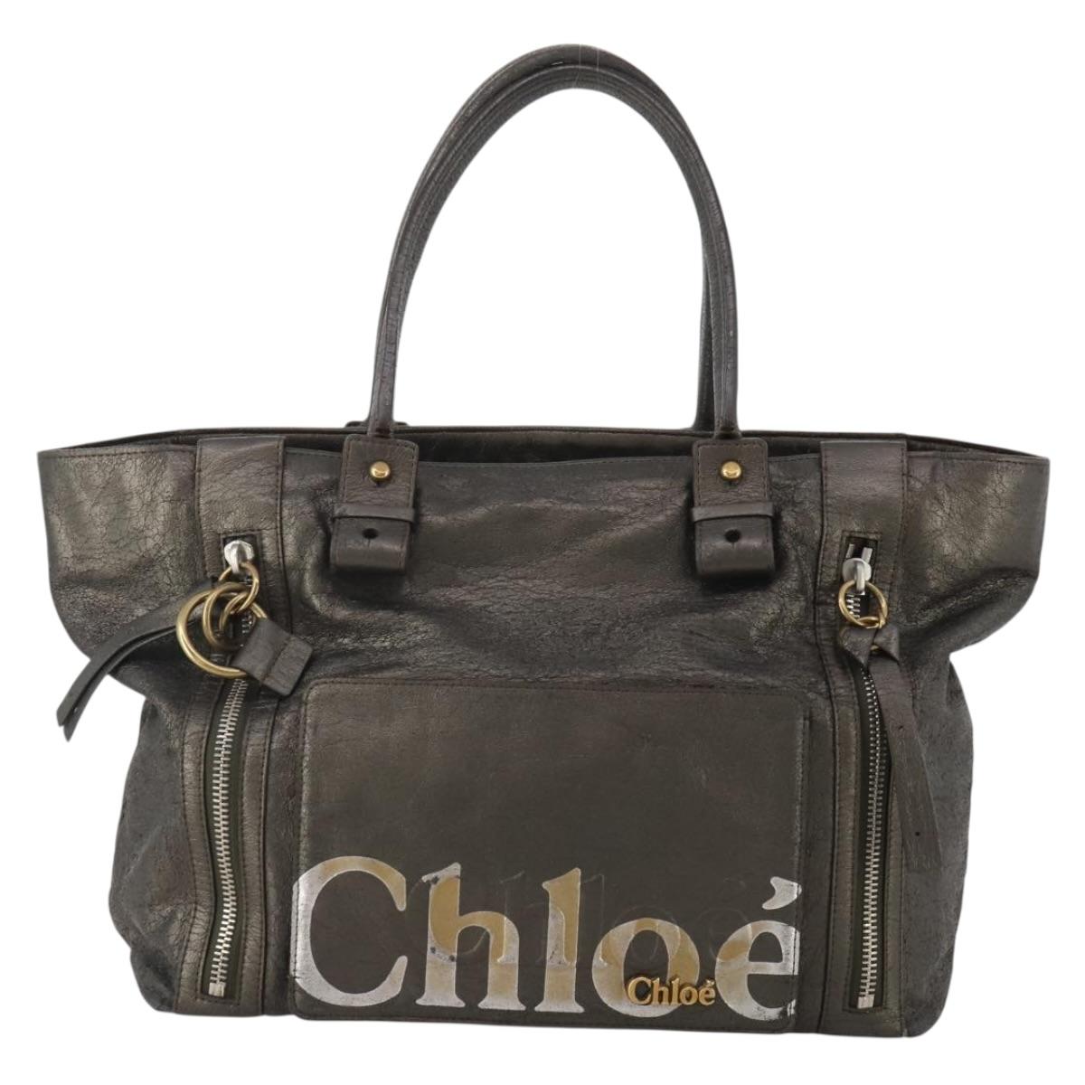 Chloe Tote Bag Leather Gray Gold Tone Auth BA15487