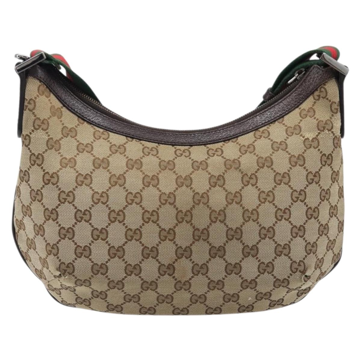 GUCCI GG Canvas Web Sherry Line Shoulder Bag Beige Silver 181092 Auth BA15488