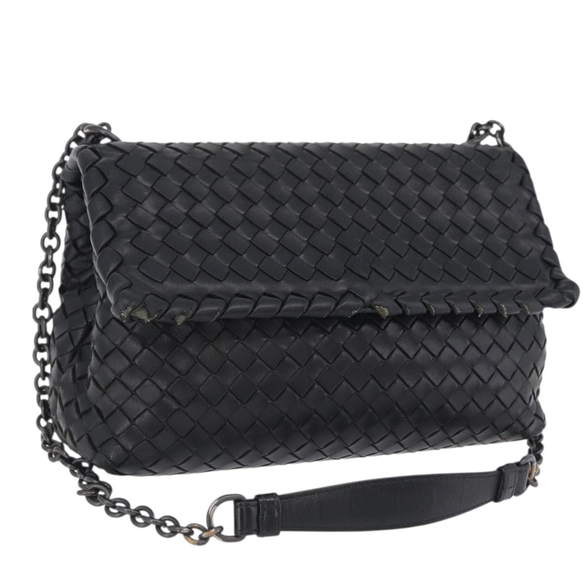 BOTTEGA VENETA INTRECCIATO Chain Shoulder Bag Leather Black Auth BA15490