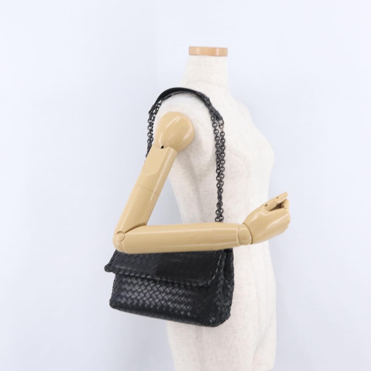 BOTTEGA VENETA INTRECCIATO Chain Shoulder Bag Leather Black Auth BA15490