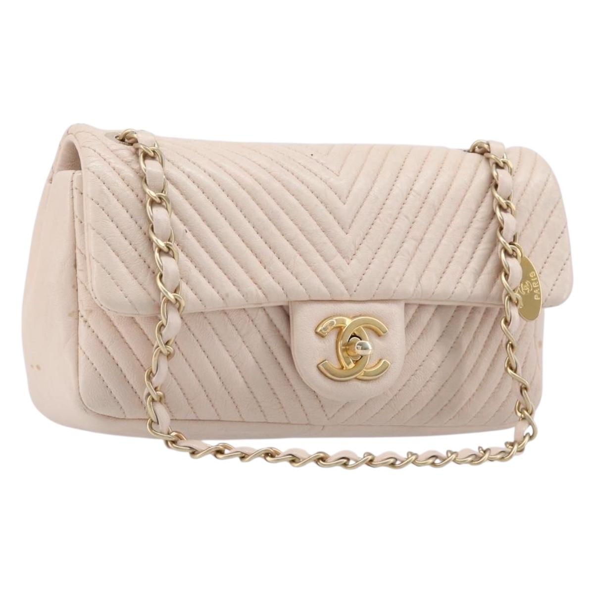 CHANEL V-stitched Chain Shoulder Bag Lamb Skin Ivory Gold Tone CC Auth BA15491V