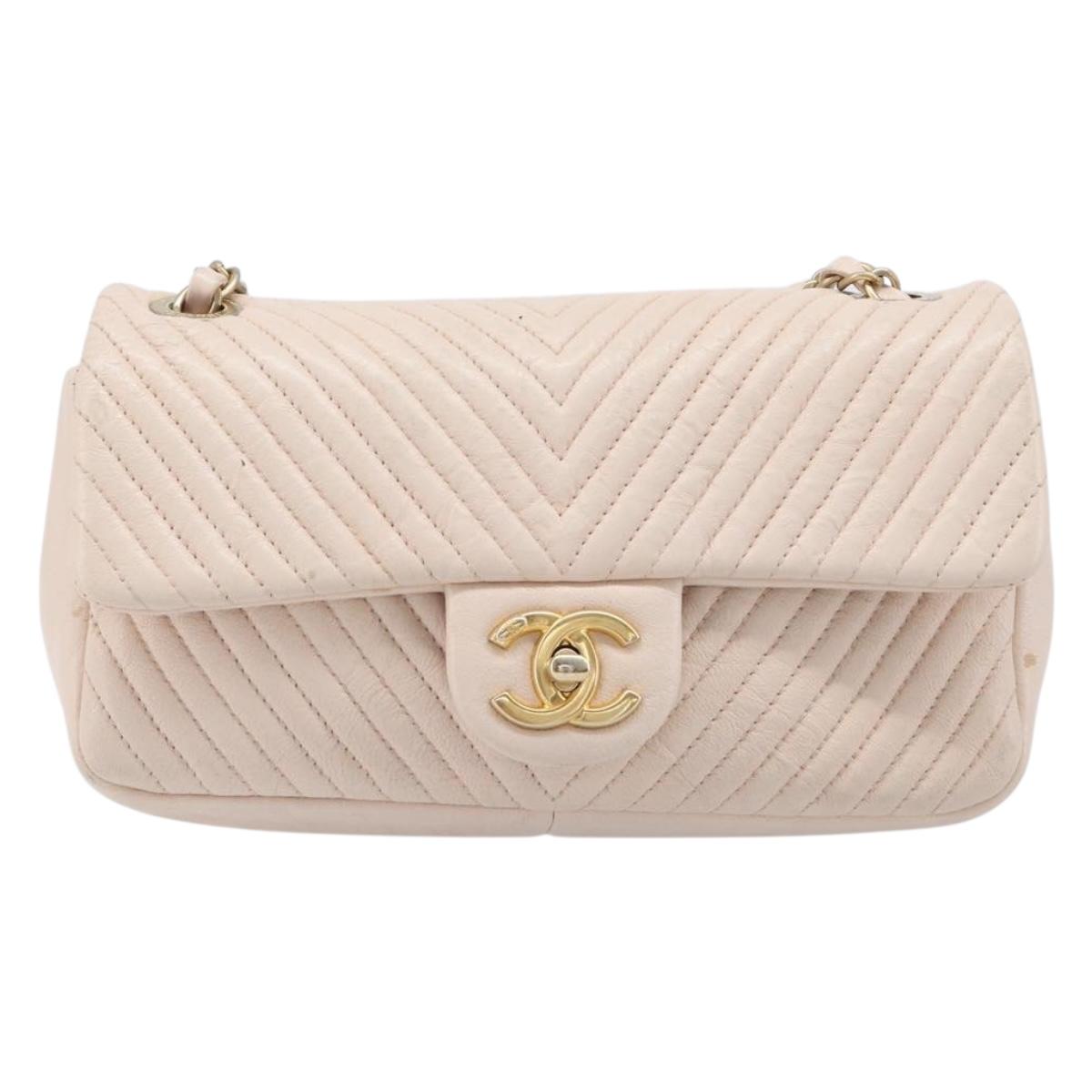 CHANEL V-stitched Chain Shoulder Bag Lamb Skin Ivory Gold Tone CC Auth BA15491V