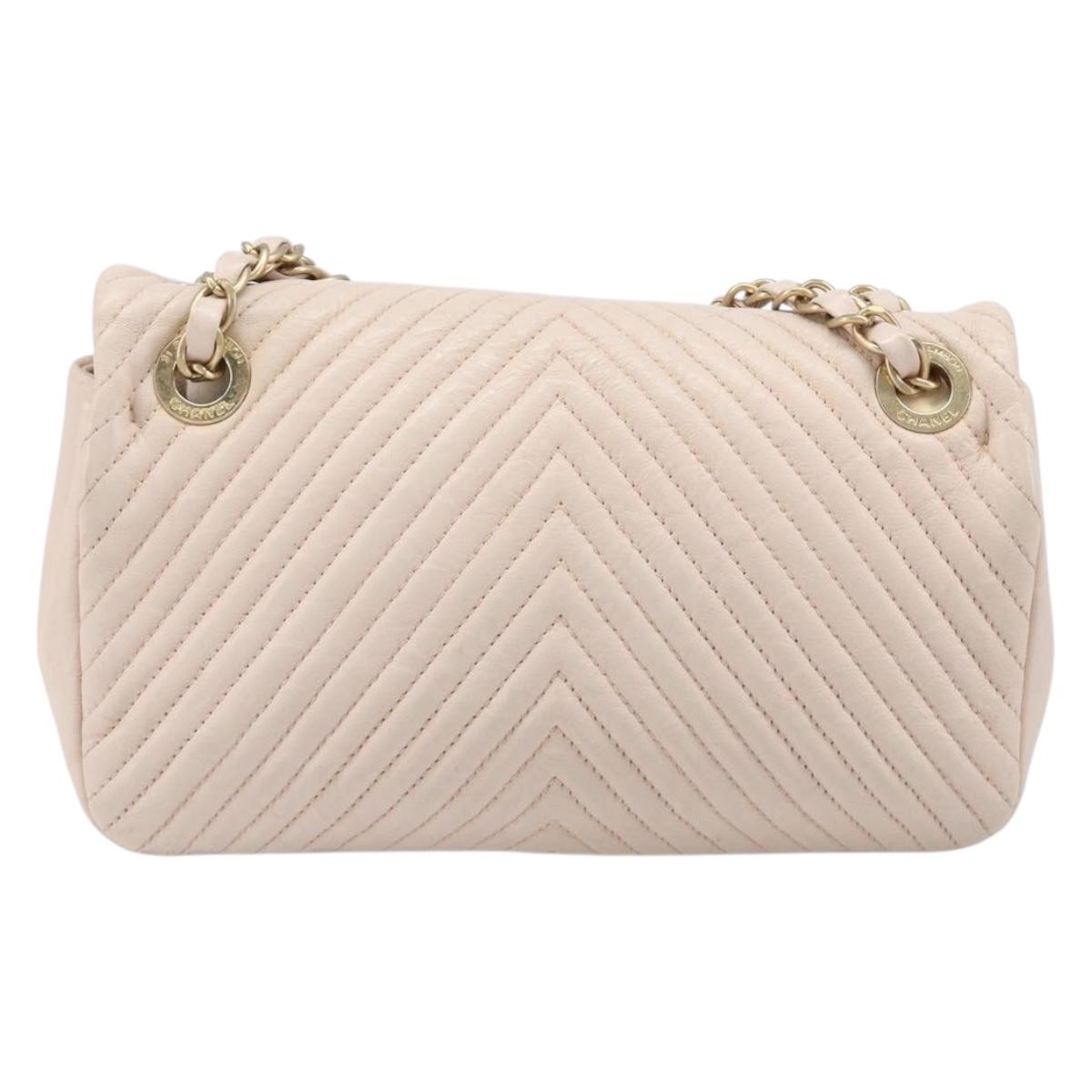 CHANEL V-stitched Chain Shoulder Bag Lamb Skin Ivory Gold Tone CC Auth BA15491V