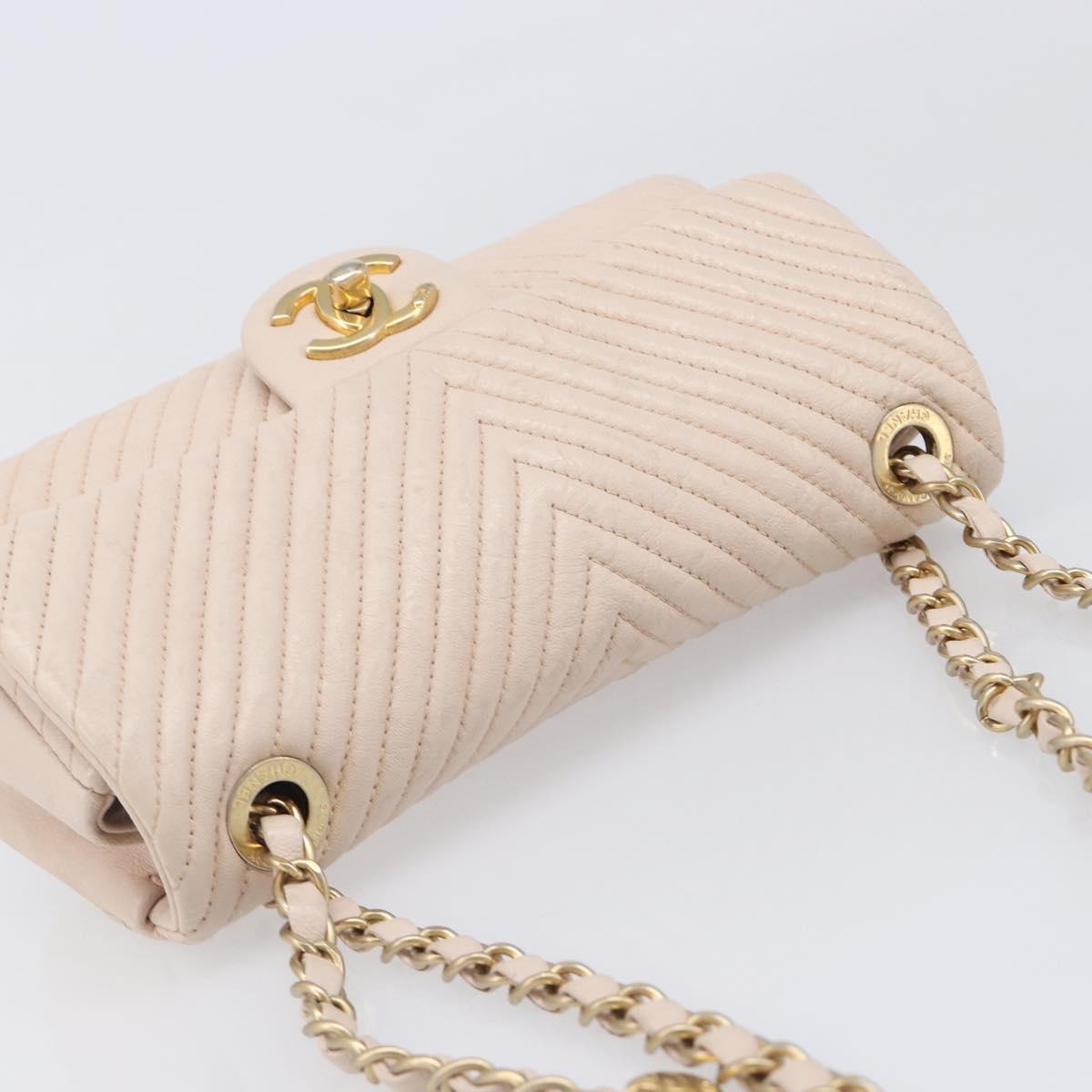 CHANEL V-stitched Chain Shoulder Bag Lamb Skin Ivory Gold Tone CC Auth BA15491V