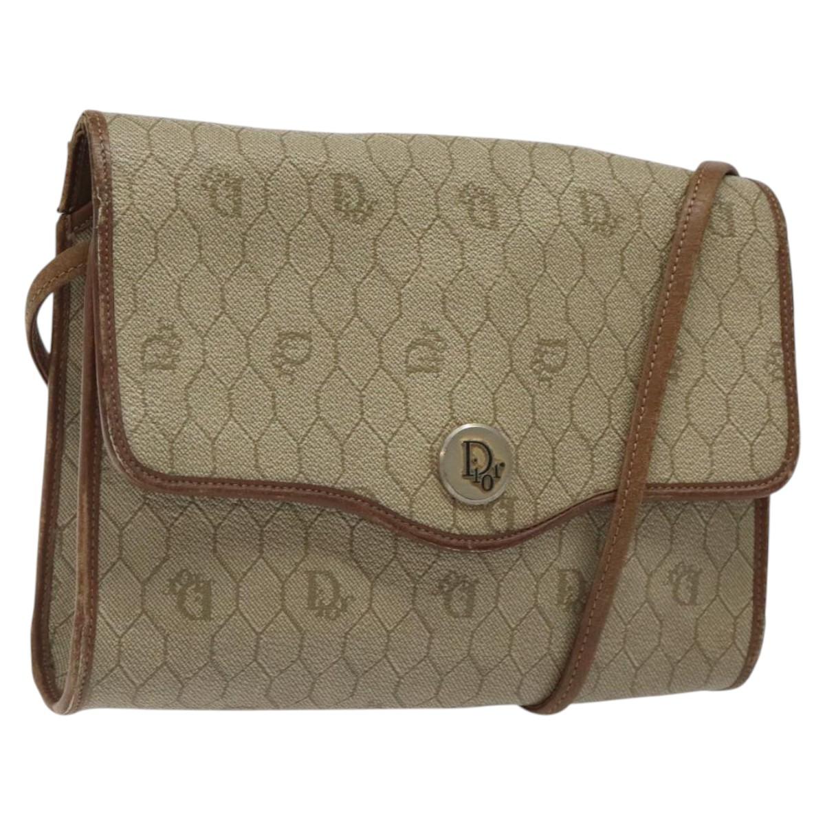 Christian Dior Honeycomb Canvas Shoulder Bag PVC Leather Beige Gold Auth BA1551