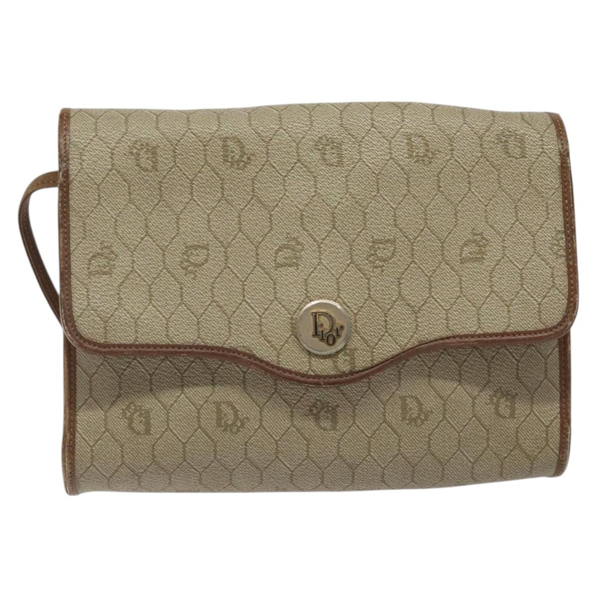 Christian Dior Honeycomb Canvas Shoulder Bag PVC Leather Beige Gold Auth BA1551