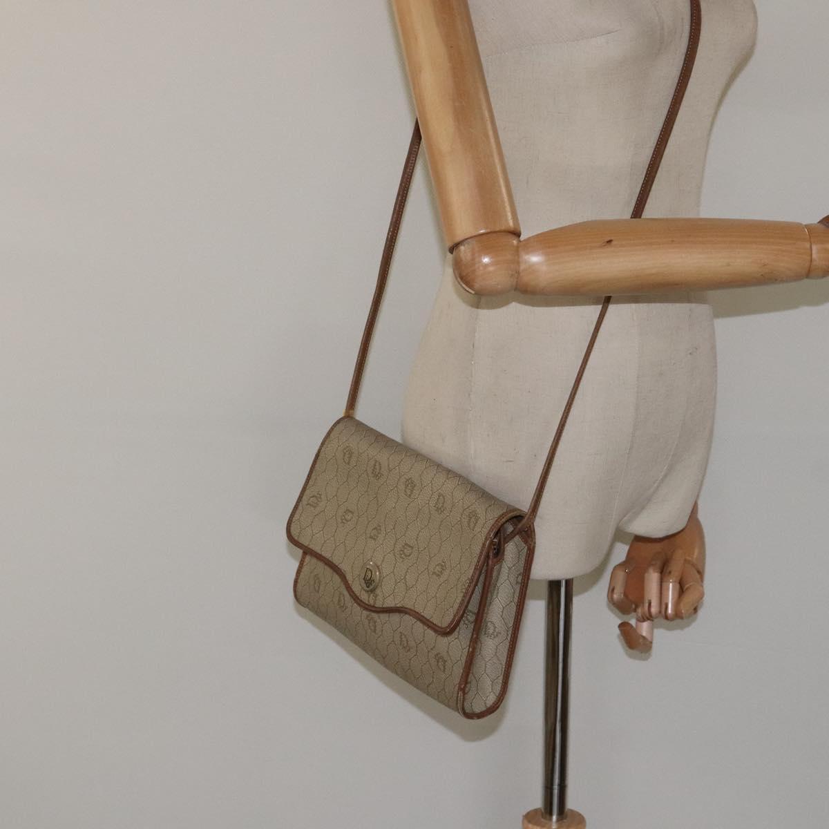 Christian Dior Honeycomb Canvas Shoulder Bag PVC Leather Beige Gold Auth BA1551