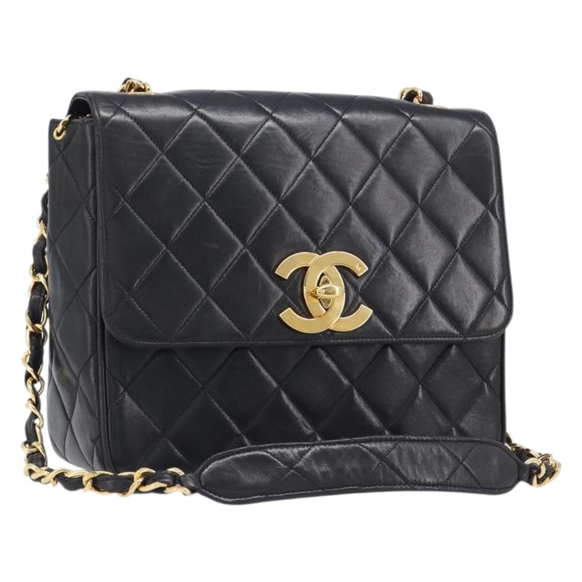 CHANEL Matelasse Chain Shoulder Bag Lamb Skin Black Gold Tone CC Auth BA15526SAV