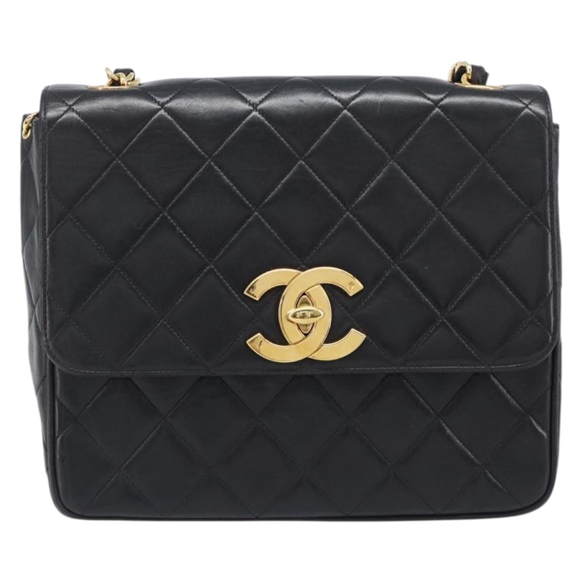 CHANEL Matelasse Chain Shoulder Bag Lamb Skin Black Gold Tone CC Auth BA15526SAV