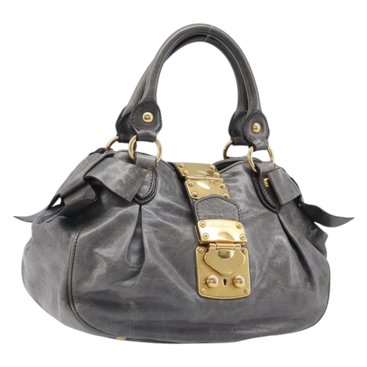 Miu Miu Hand Bag Leather Gray Gold Tone Auth BA15532V