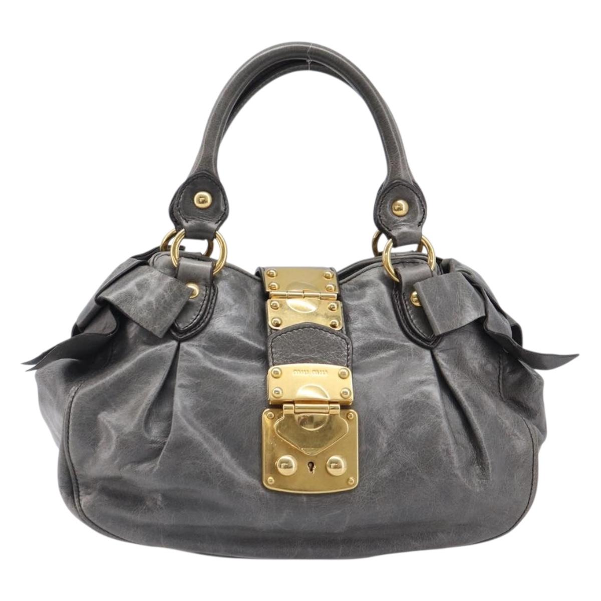 Miu Miu Hand Bag Leather Gray Gold Tone Auth BA15532V