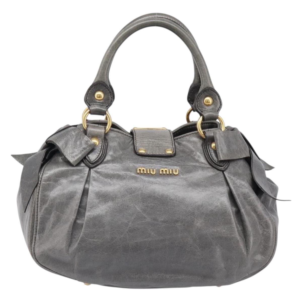 Miu Miu Hand Bag Leather Gray Gold Tone Auth BA15532V