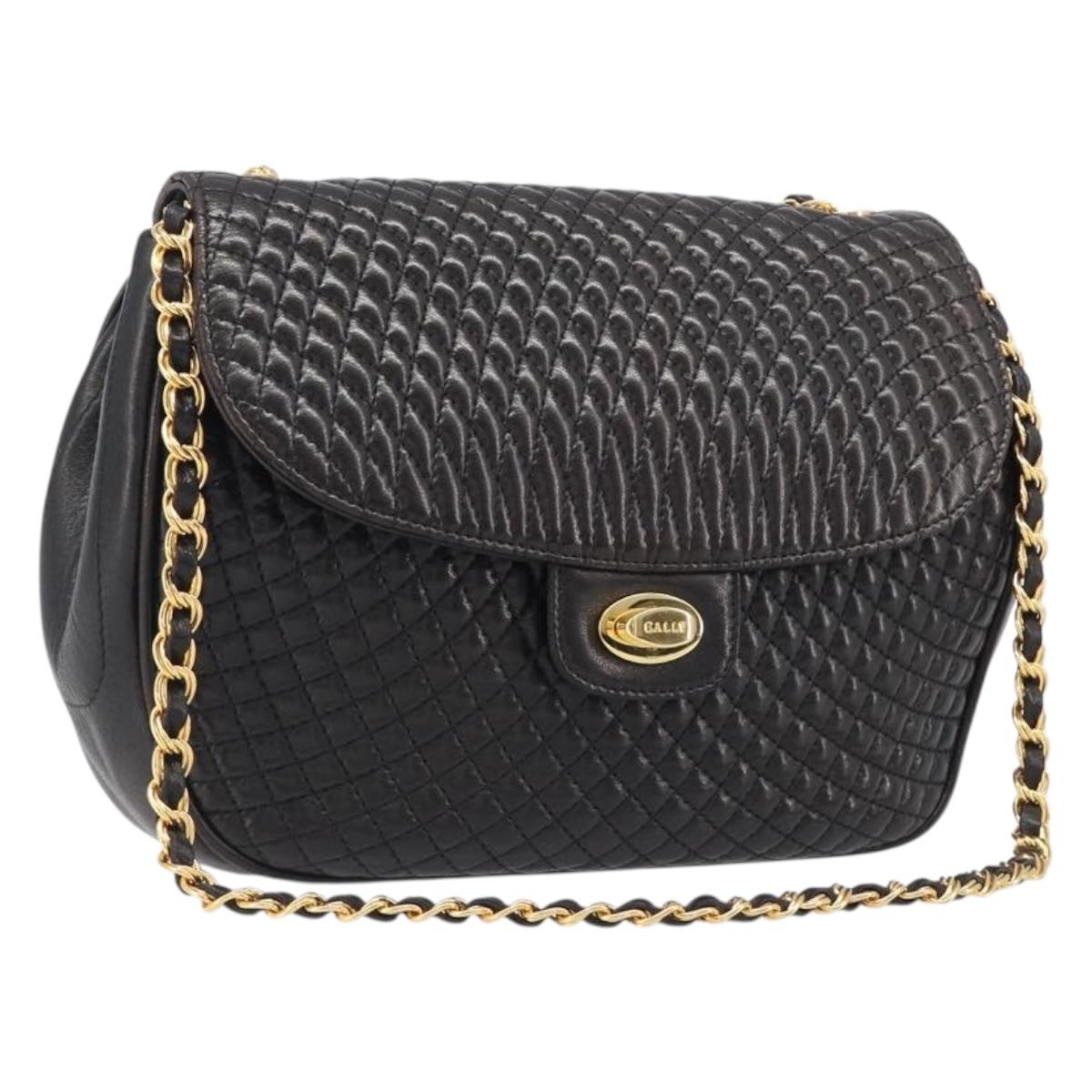 BALLY Chain Shoulder Bag Leather Black Gold Tone Auth BA15535