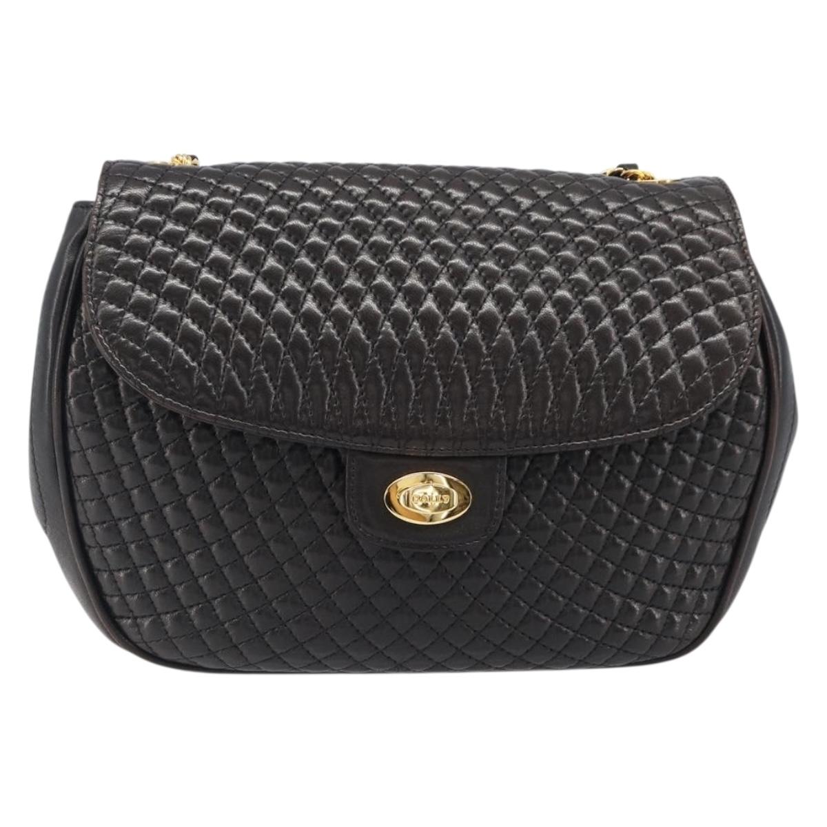 BALLY Chain Shoulder Bag Leather Black Gold Tone Auth BA15535