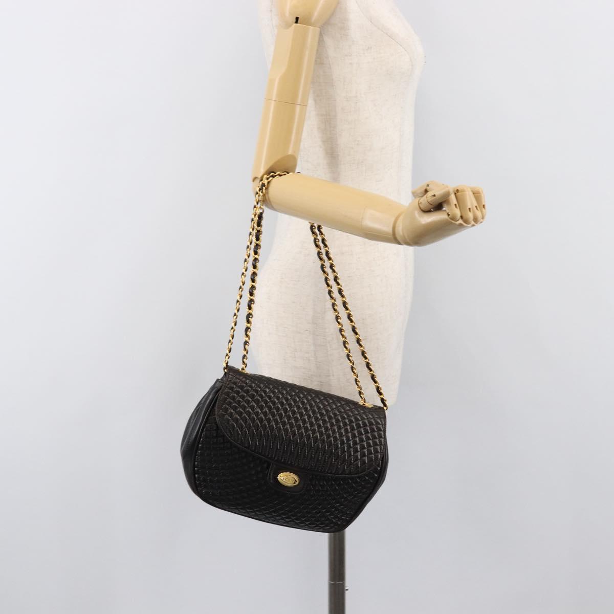 BALLY Chain Shoulder Bag Leather Black Gold Tone Auth BA15535