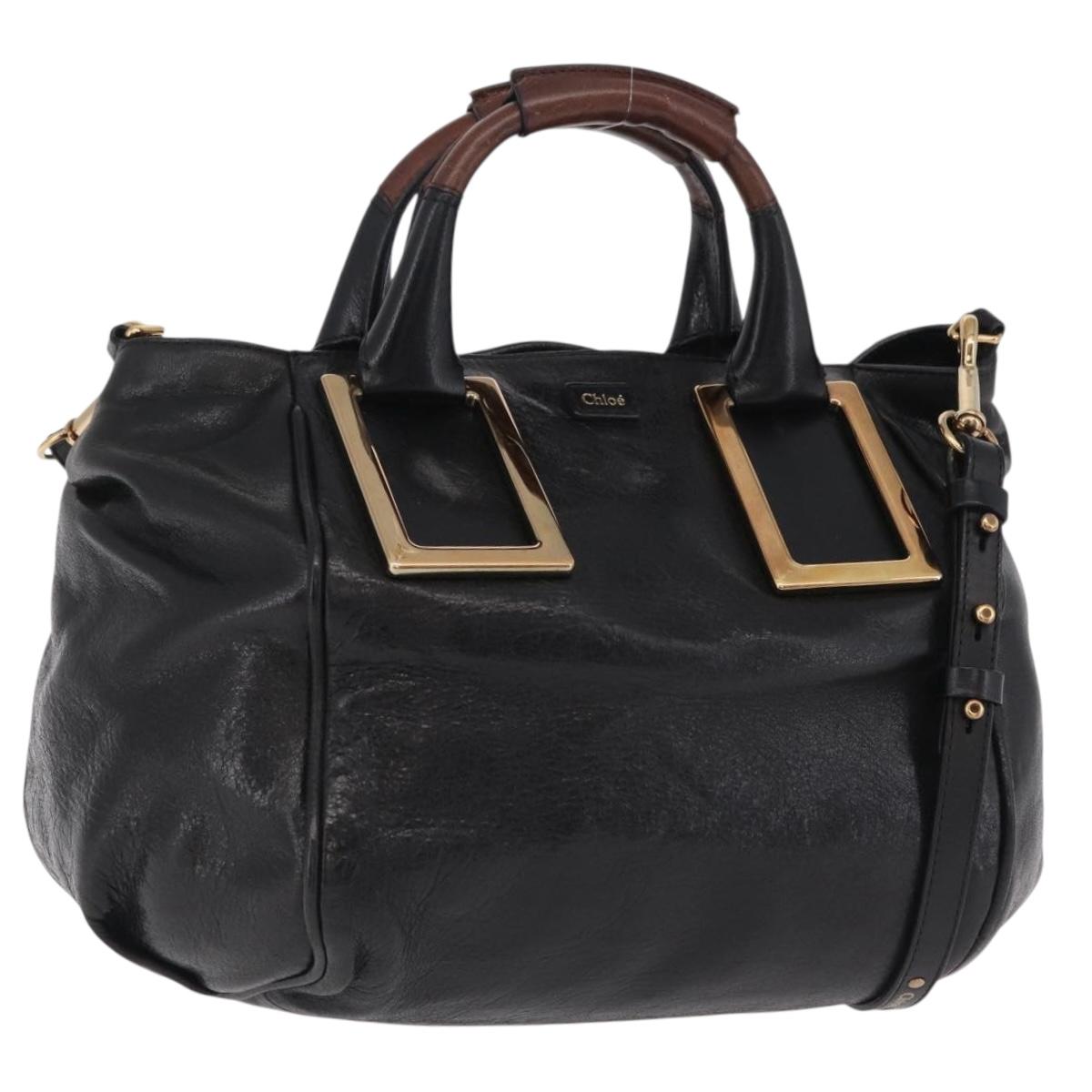 Chloe Etel Hand Bag Leather 2way Black Gold Tone Auth BA15539A