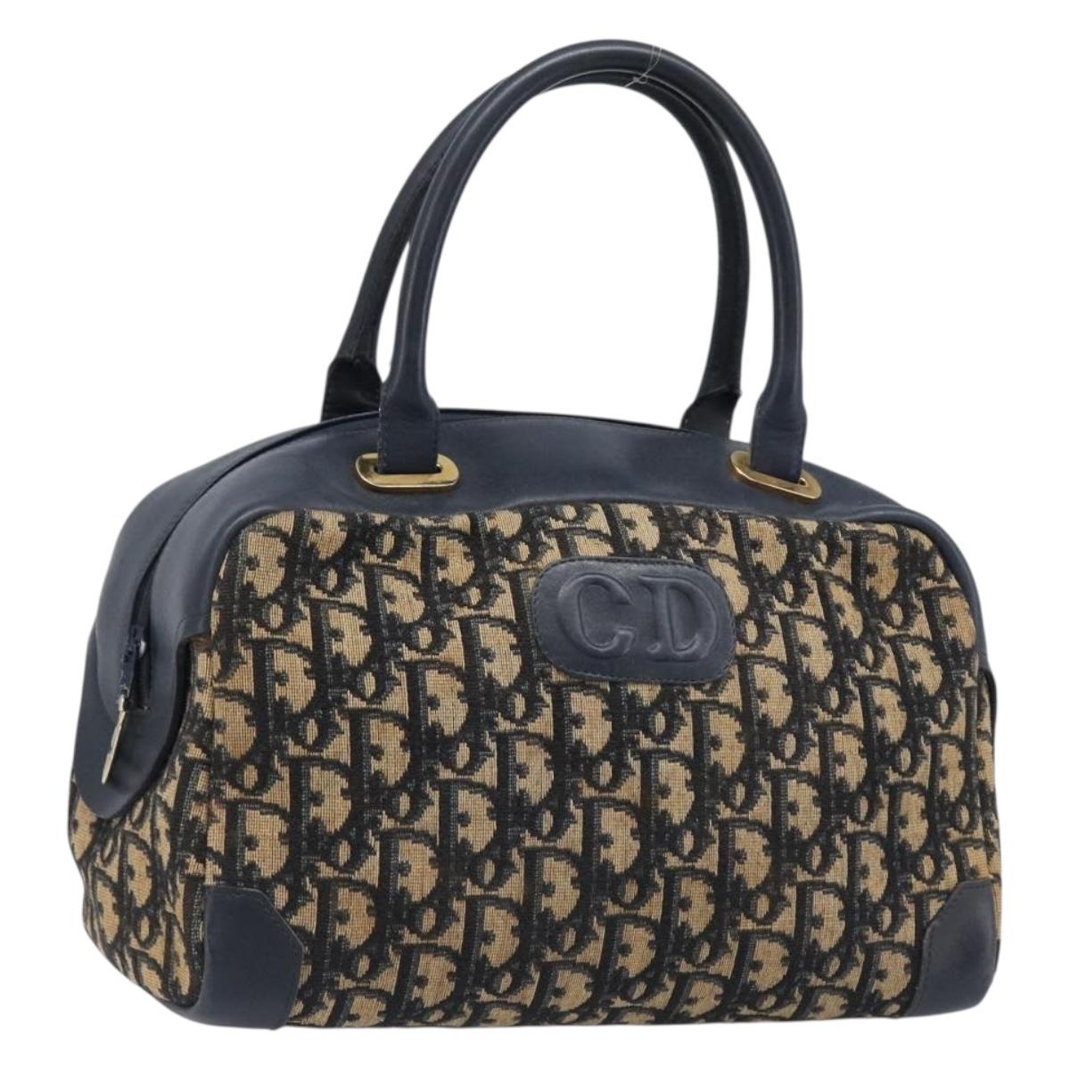 Christian Dior Trotter Canvas Hand Bag Navy Gold Tone Auth BA15542