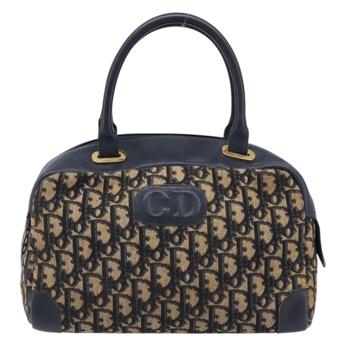 Christian Dior Trotter Canvas Hand Bag Navy Gold Tone Auth BA15542