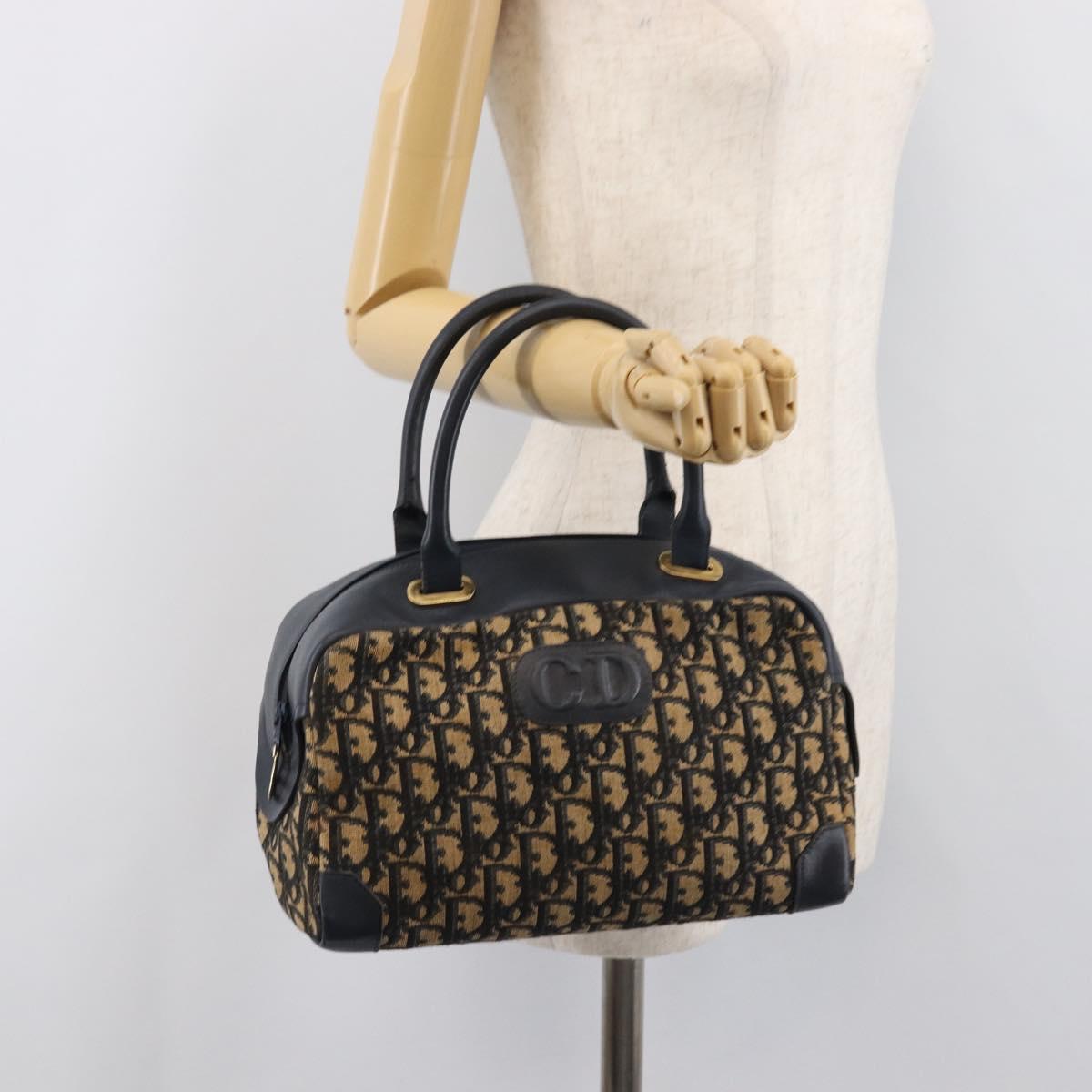 Christian Dior Trotter Canvas Hand Bag Navy Gold Tone Auth BA15542