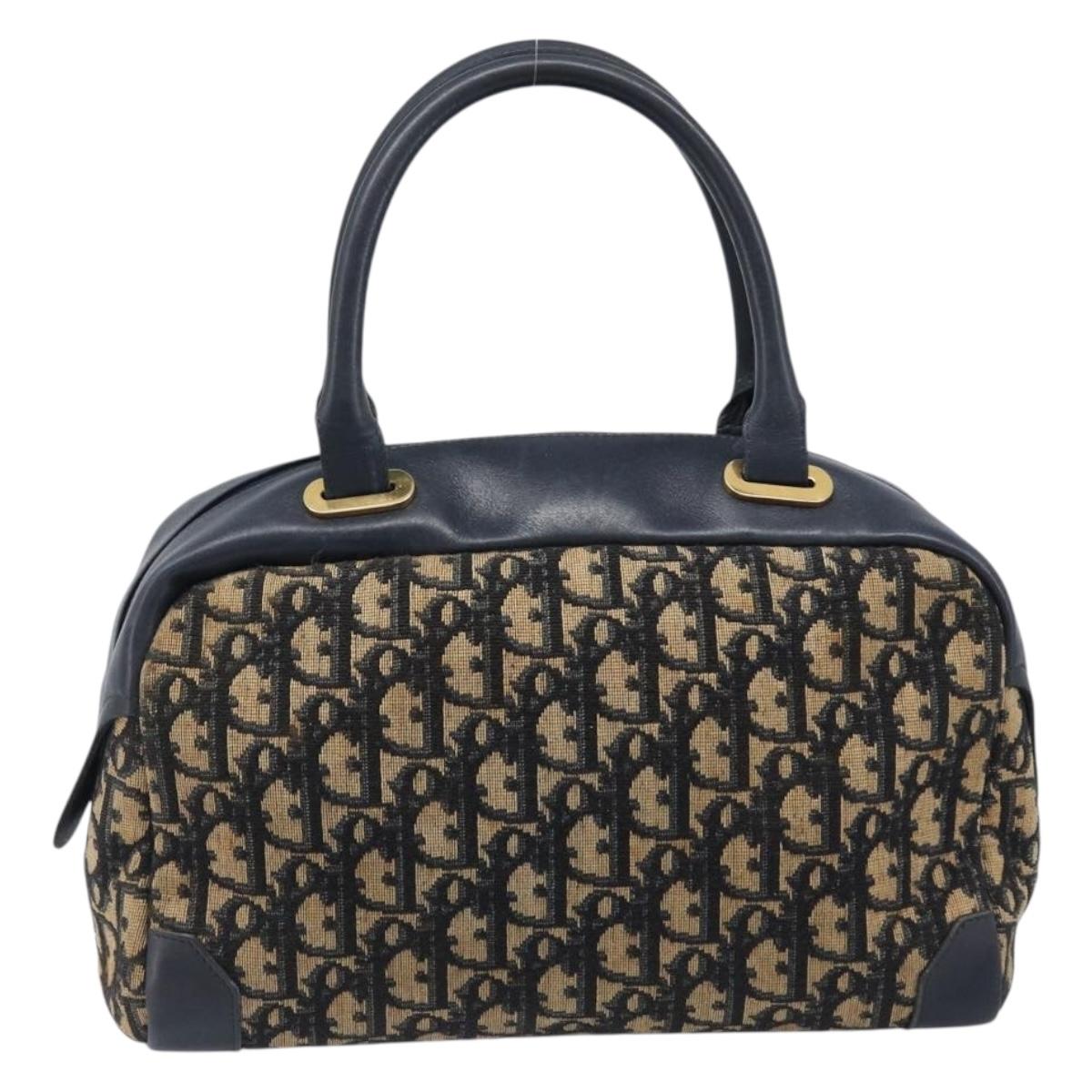 Christian Dior Trotter Canvas Hand Bag Navy Gold Tone Auth BA15542