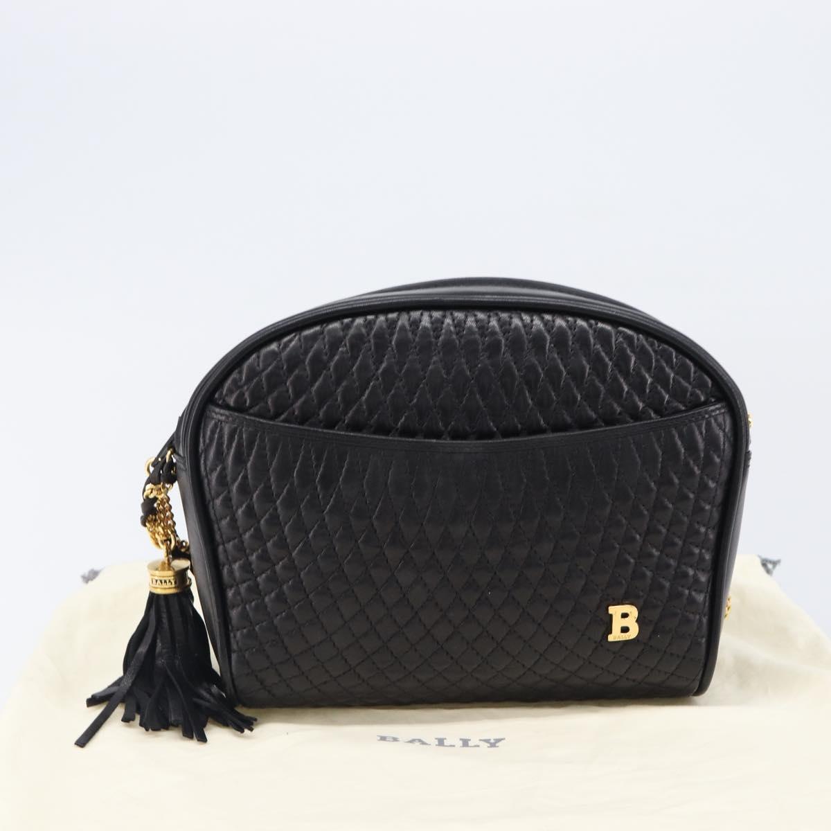 BALLY Chain Shoulder Bag Leather Black Gold Tone Auth BA15568A