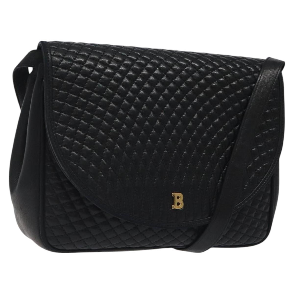 BALLY Quilted Shoulder Bag Leather Black Gold Auth BA1557
