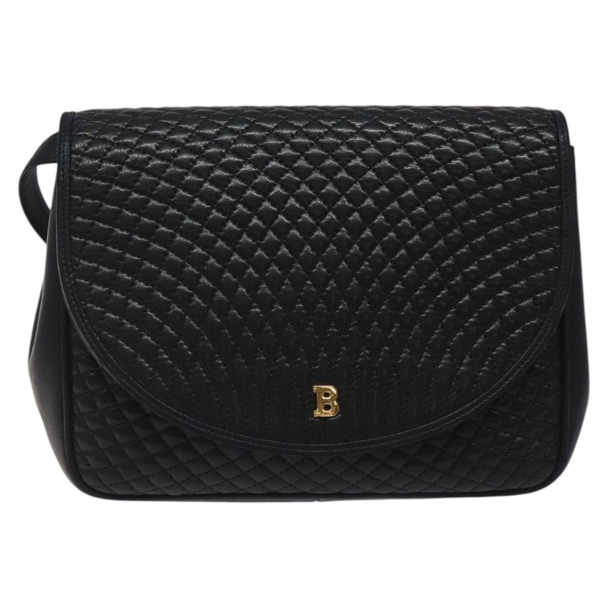 BALLY Quilted Shoulder Bag Leather Black Gold Auth BA1557