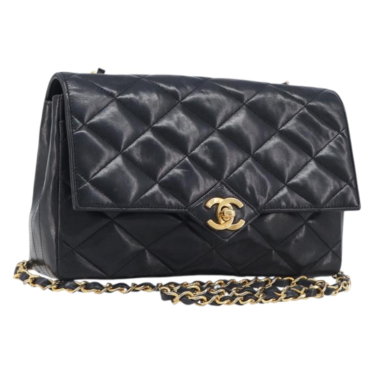 CHANEL Matelasse Chain Shoulder Bag Lamb Skin Black Gold Tone CC Auth BA15584
