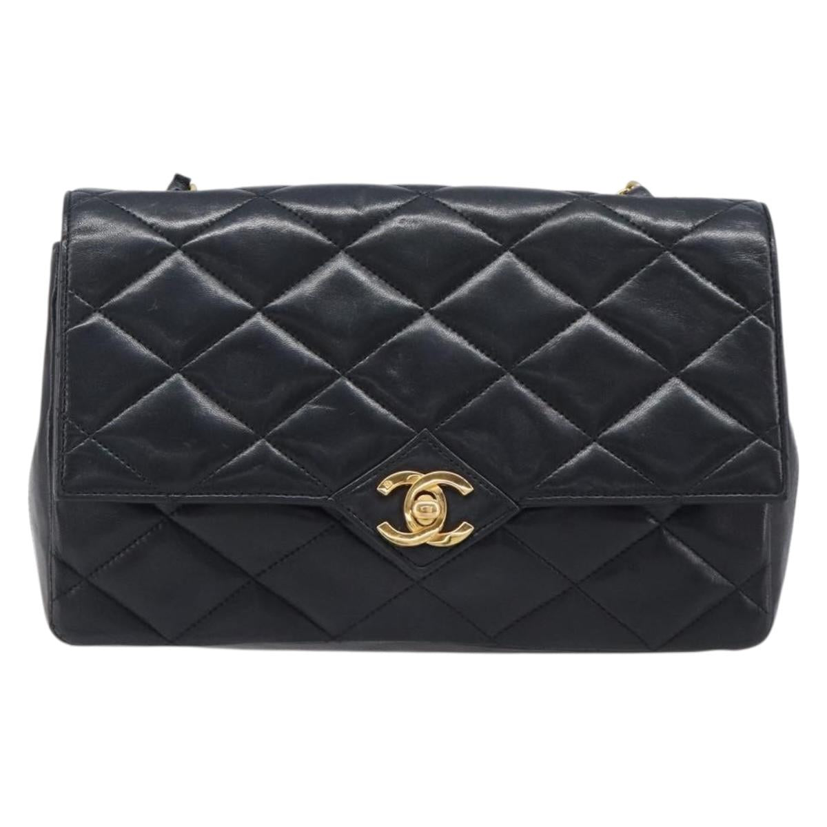 CHANEL Matelasse Chain Shoulder Bag Lamb Skin Black Gold Tone CC Auth BA15584