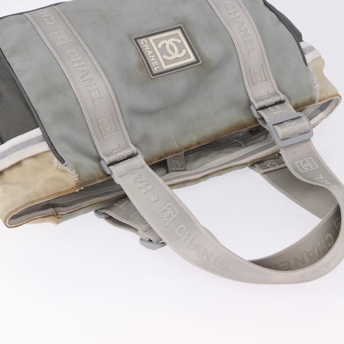 CHANEL Sports Tote Bag Canvas Gray Silver CC Auth BA15608