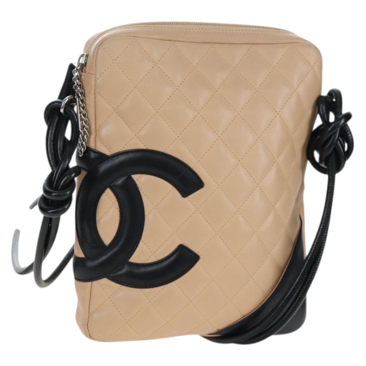 CHANEL Matelasse Cambon Line Shoulder Bag Leather Beige Silver CC Auth BA15637