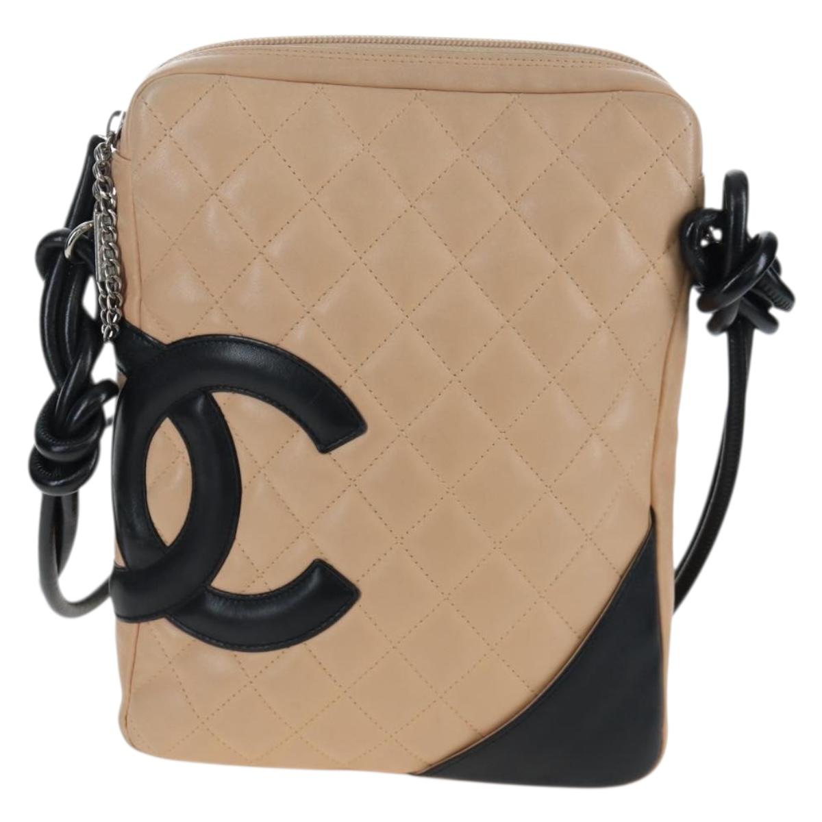 CHANEL Matelasse Cambon Line Shoulder Bag Leather Beige Silver CC Auth BA15637