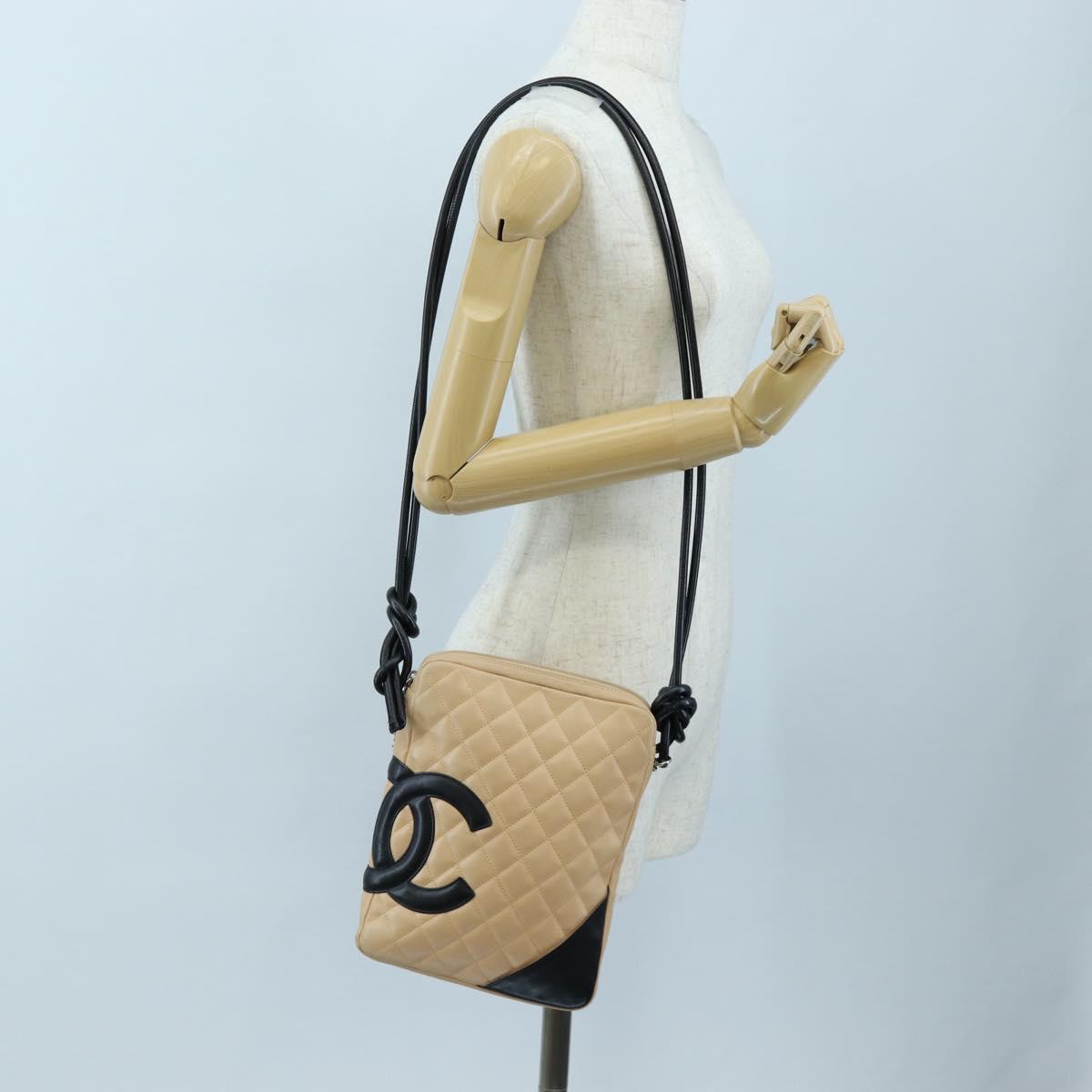 CHANEL Matelasse Cambon Line Shoulder Bag Leather Beige Silver CC Auth BA15637