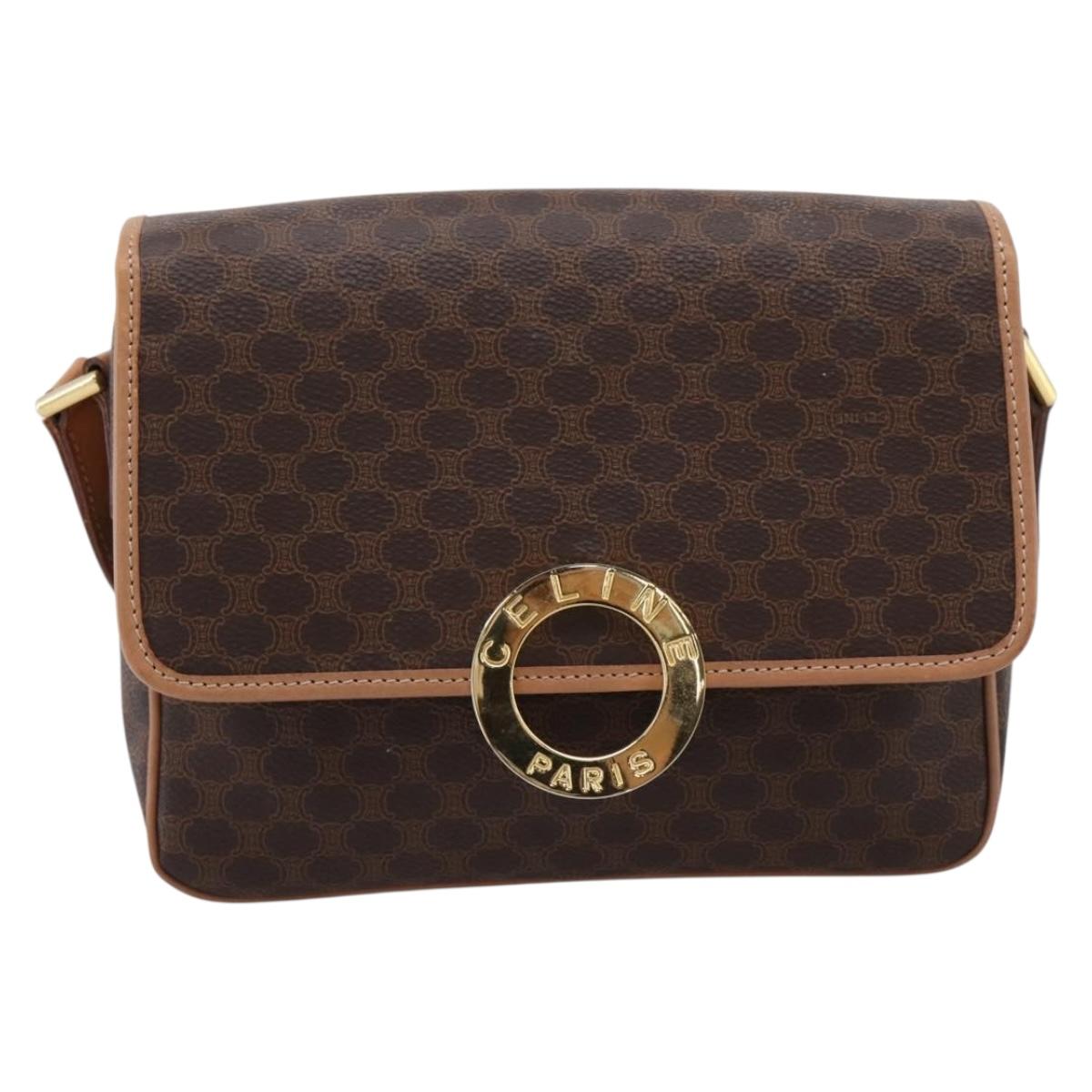 CELINE Macadam Canvas Circle Shoulder Bag PVC Leather Brown Gold Auth BA15640A