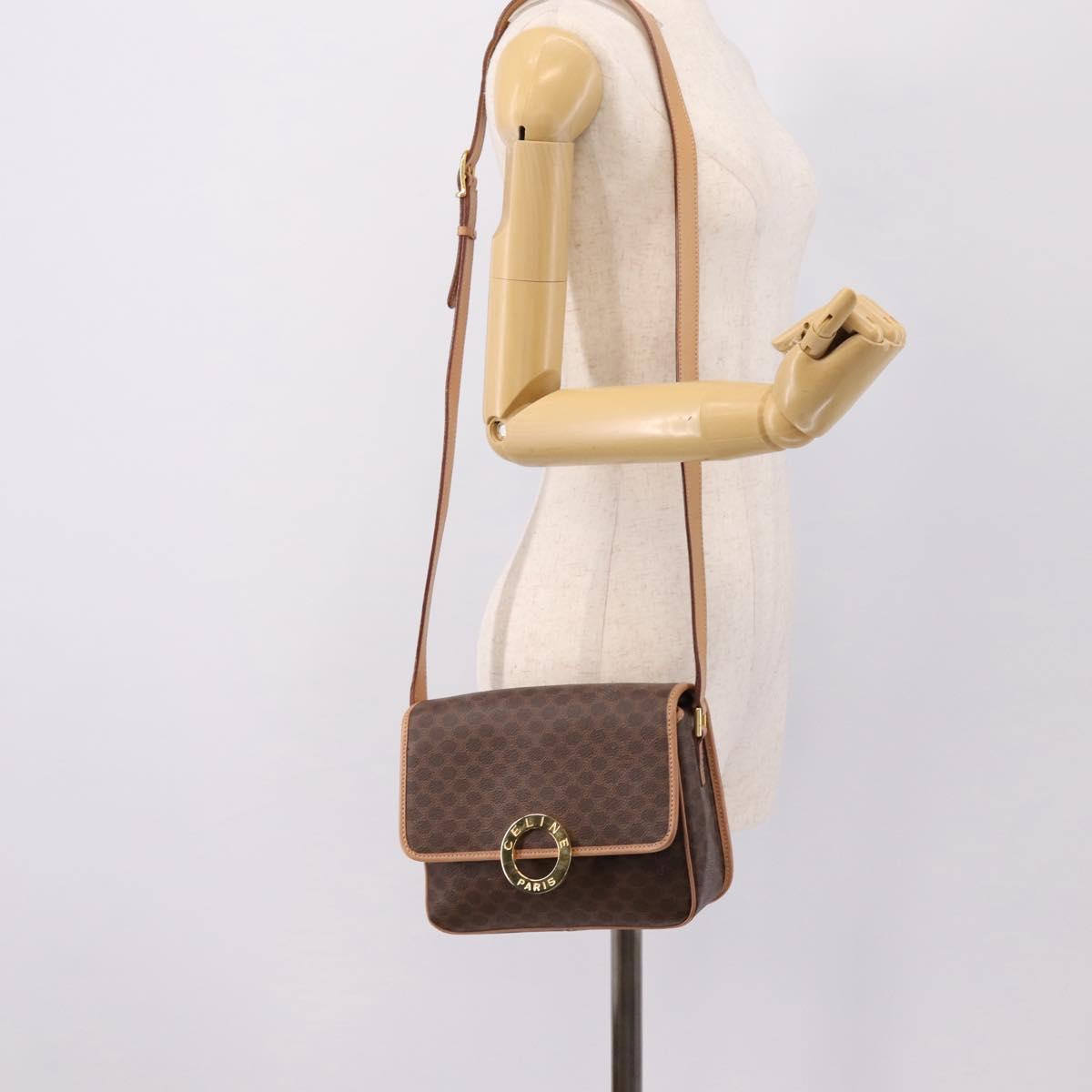 CELINE Macadam Canvas Circle Shoulder Bag PVC Leather Brown Gold Auth BA15640A