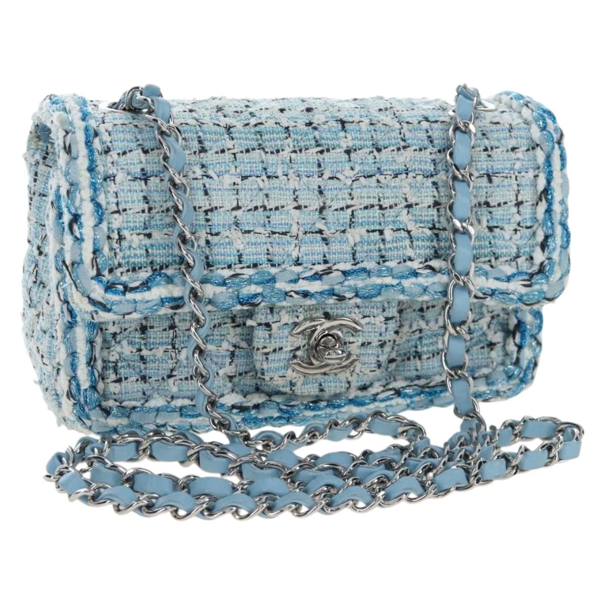 CHANEL Chain Matelasse 20 Shoulder Bag tweed Blue Silver CC Auth BA15642SM
