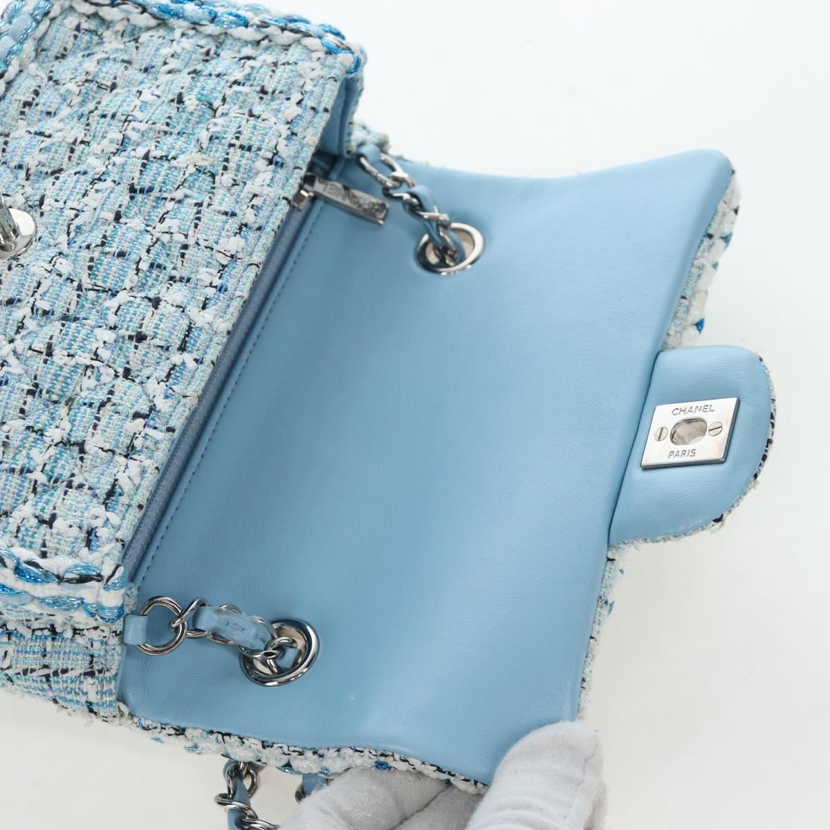 CHANEL Chain Matelasse 20 Shoulder Bag tweed Blue Silver CC Auth BA15642SM